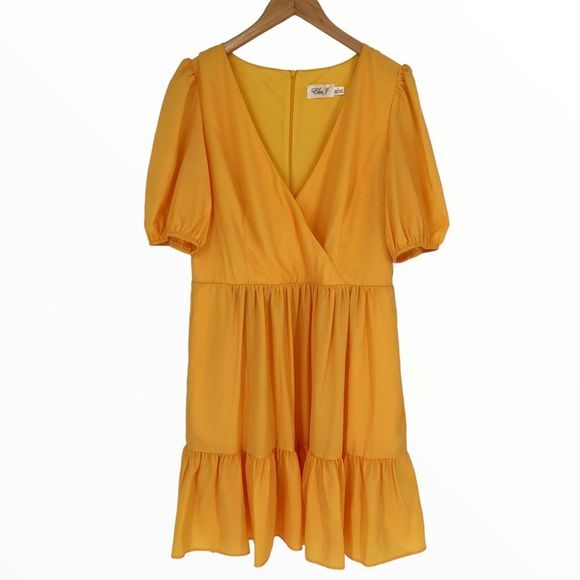 Eliza J Surplice Neck Puff Sleeve Fit & Flare Dress Yellow size 12 NWT - Picture 3 of 13